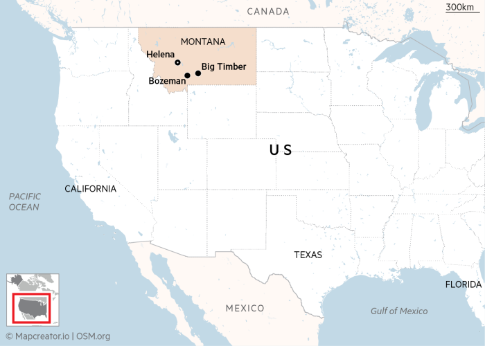 Mapa que muestra la ubicación de Big Timber y Bozeman en Montana