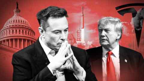 Montaje de imágenes de Elon Musk y Donald Trump con el fondo del edificio del Capitolio, el lanzamiento de un cohete SpaceX y el logo de Tesla.