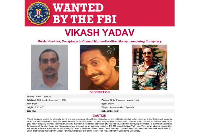 Cartel de búsqueda del FBI para Vikash Yadav