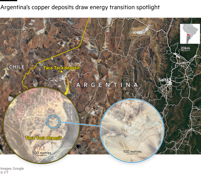 Mapa que muestra la ubicación del depósito de cobre Taca Taca en el norte de Argentina