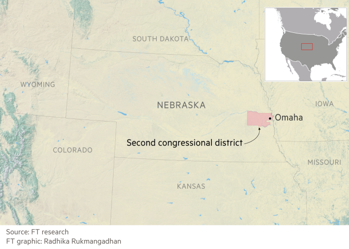 Un mapa que muestra el segundo distrito del Congreso en Omaha, Nebraska.