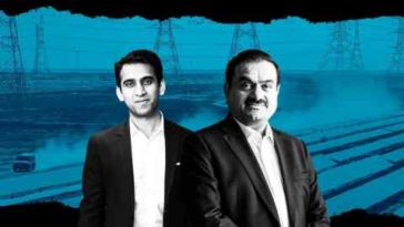 Un montaje de fotografías de Sagar Adani y Gautam Adani con un telón de fondo de paneles solares.