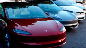 Tesla vehicles are displayed at the AutoMobility LA Auto Show