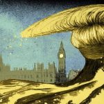 Ellie Foreman-Peck illustration of Trump’s hair as a tsunami over Westminster