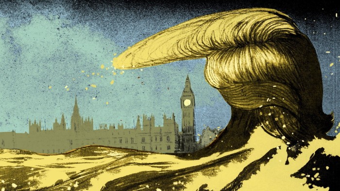 Ellie Foreman-Peck illustration of Trump’s hair as a tsunami over Westminster