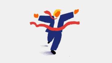 Ilustración de Ben Hickey de Donald Trump con traje y corbata roja, corriendo con los brazos abiertos mientras cruza la línea de meta.