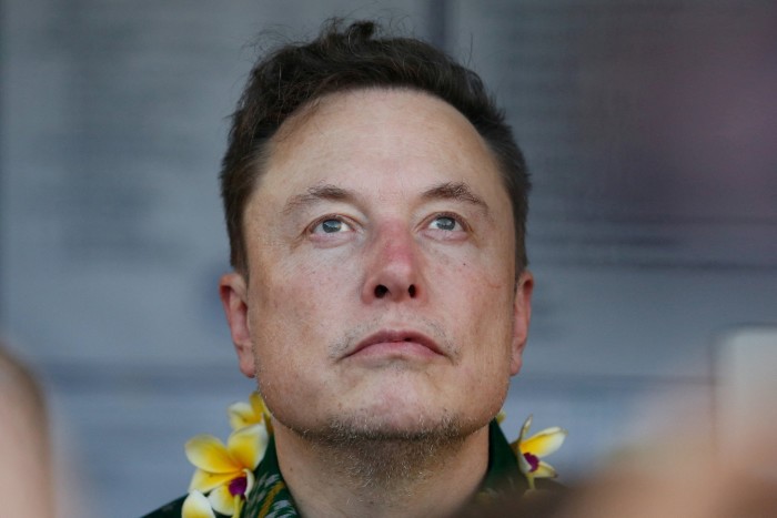 Elon Musk, con un collar de flores amarillas, mira hacia arriba