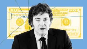 Montaje del presidente argentino Javier Milei y billete de 100 dólares estadounidenses