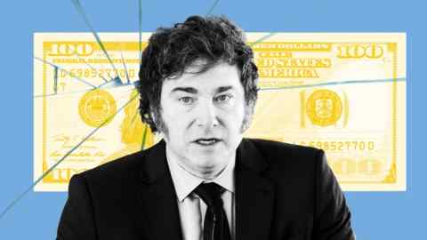 Montaje del presidente argentino Javier Milei y billete de 100 dólares estadounidenses