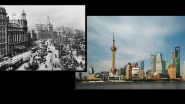 El Bund de la época colonial y el distrito financiero de Pudong en Shanghai