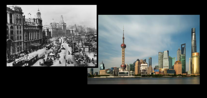 El Bund de la época colonial y el distrito financiero de Pudong en Shanghai