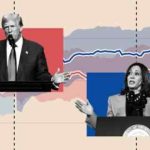 Imagen de montaje de Donald Trump y Kamala Harris con un gráfico de fondo