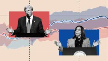 Imagen de montaje de Donald Trump y Kamala Harris con un gráfico de fondo