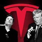 Montaje del logo de Elon Musk, Donald Trump y Tesla