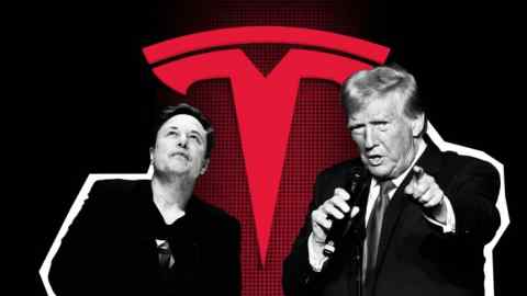 Montaje del logo de Elon Musk, Donald Trump y Tesla