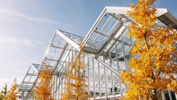 El exterior de un invernadero moderno con estructura geométrica de vidrio y metal. Al frente hay varios árboles con follaje de color amarillo dorado.