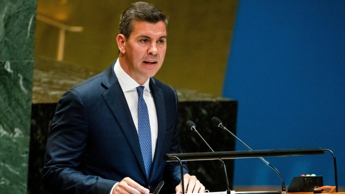 Santiago Pena, Paraguay’s president, speaks during the UN General Assembly in New York, US