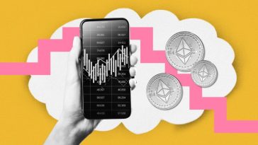 A hand holding a smartphone showing stocks, coins with the Ethereum logo and a downward pink chart line over a thinking cloud background.