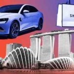 Montaje de imágenes de un coche eléctrico, una bolsa de la compra de Shein y el horizonte de Singapur