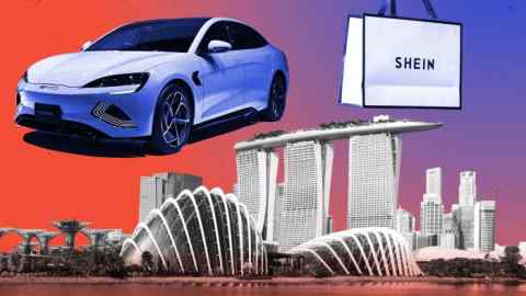 Montaje de imágenes de un coche eléctrico, una bolsa de la compra de Shein y el horizonte de Singapur