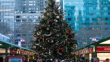 Un árbol de Navidad al final de un pasillo entre filas de puestos en Bryant Park Winter Village, con rascacielos detrás