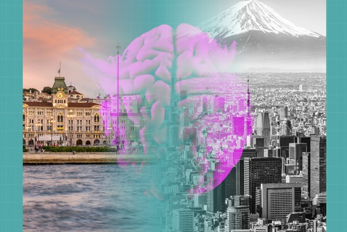 Imagen montada de un cerebro y ciudades de Italia y Japón.