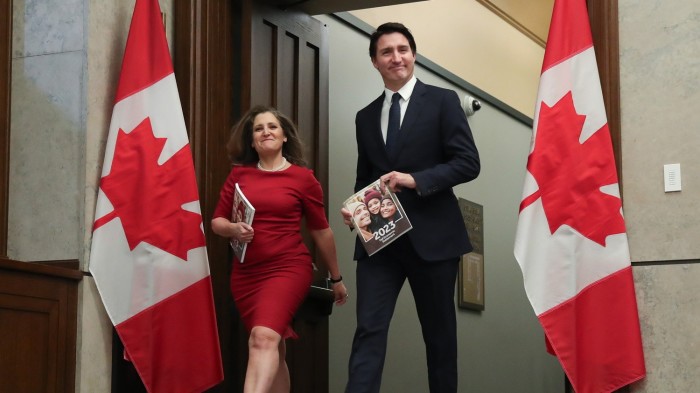 Chrystia Freeland, Canada’s deputy prime minister and finance minister, left, and Justin Trudeau, Canada’s prime minister