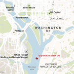 Mapa de Washington, DC, que muestra el sitio de accidente aproximado de un vuelo de pasajeros de American Airlines y un helicóptero militar de Black Hawk en el río Potomac cerca de Ronald Reagan Washington National Airport