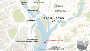 Mapa de Washington, DC, que muestra el sitio de accidente aproximado de un vuelo de pasajeros de American Airlines y un helicóptero militar de Black Hawk en el río Potomac cerca de Ronald Reagan Washington National Airport