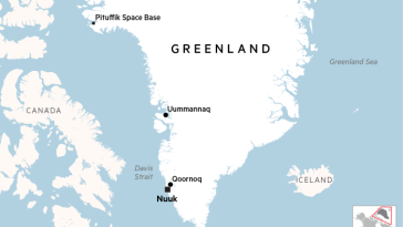 Mapa que muestra la ubicación de Qoornoq en Groenlandia, así como la capital Nuuk, Uummannaq y la base espacial Pituffik.