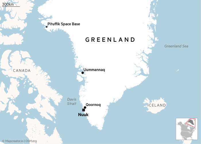 Mapa que muestra la ubicación de Qoornoq en Groenlandia, así como la capital Nuuk, Uummannaq y la base espacial Pituffik.