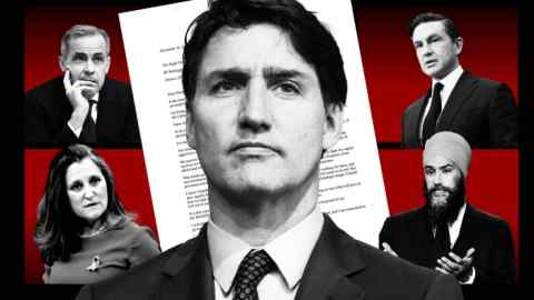 Montaje de Chrystia Freeland; Mark Carney Pierre Poilievre, Jagmeet Singh; Justin Trudeau y la carta de renuncia de Freeland al fondo