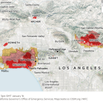 Mapa que muestra los perímetros de los incendios en Los Ángeles y las órdenes y advertencias de evacuación actualmente vigentes.