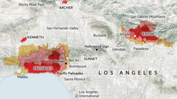 Mapa que muestra los perímetros de los incendios en Los Ángeles y las órdenes y advertencias de evacuación actualmente vigentes.