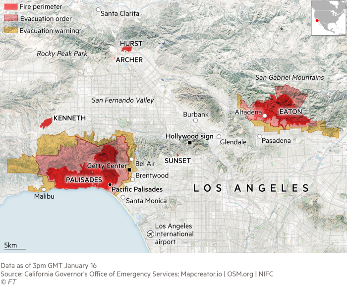 Mapa que muestra los perímetros de los incendios en Los Ángeles y las órdenes y advertencias de evacuación actualmente vigentes.