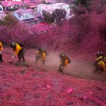 Los bomberos trabajan para despejar un cortafuegos en una ladera cubierta con retardante en Palisades Fire