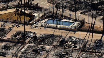 Una piscina se encuentra entre casas carbonizadas y automóviles quemados entre los escombros del Pacific Palisades Bowl Mobile Estates devastado por el fuego en Los Ángeles.