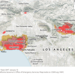 Mapa que muestra los perímetros de los incendios en Los Ángeles y las órdenes y advertencias de evacuación actualmente vigentes.