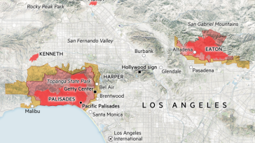 Mapa que muestra los perímetros de los incendios en Los Ángeles y las órdenes y advertencias de evacuación actualmente vigentes.