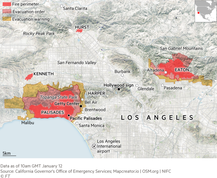 Mapa que muestra los perímetros de los incendios en Los Ángeles y las órdenes y advertencias de evacuación actualmente vigentes.