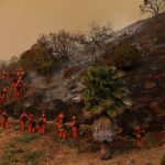 Bomberos encarcelados cavando una línea de contención para combatir el incendio de Palisades el 11 de enero.