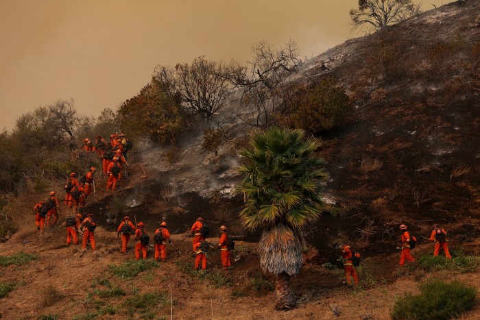 Bomberos encarcelados cavando una línea de contención para combatir el incendio de Palisades el 11 de enero.