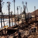 A search and rescue crew searches though ruins along the ocean in Malibu