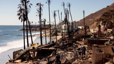 A search and rescue crew searches though ruins along the ocean in Malibu