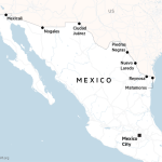 Mapa que muestra las principales ciudades fronterizas de México