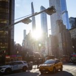 E-ZPass readers and license plate-scanning cameras over Broadway at Columbus Circle in New York