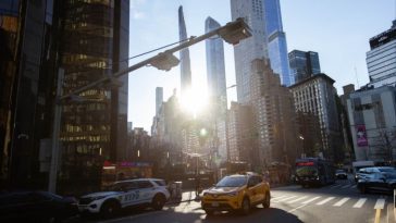 E-ZPass readers and license plate-scanning cameras over Broadway at Columbus Circle in New York