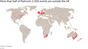 Un mapa de ubicaciones de Parkruns en todo el mundo. Hay 2.500 en 22 países, principalmente en Europa occidental, América del Norte, Sudáfrica, Oceanía y Japón.