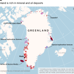 Mapa de Groenlandia que muestra depósitos de minerales y petróleo.