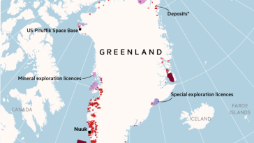 Mapa de Groenlandia que muestra depósitos de minerales y petróleo.